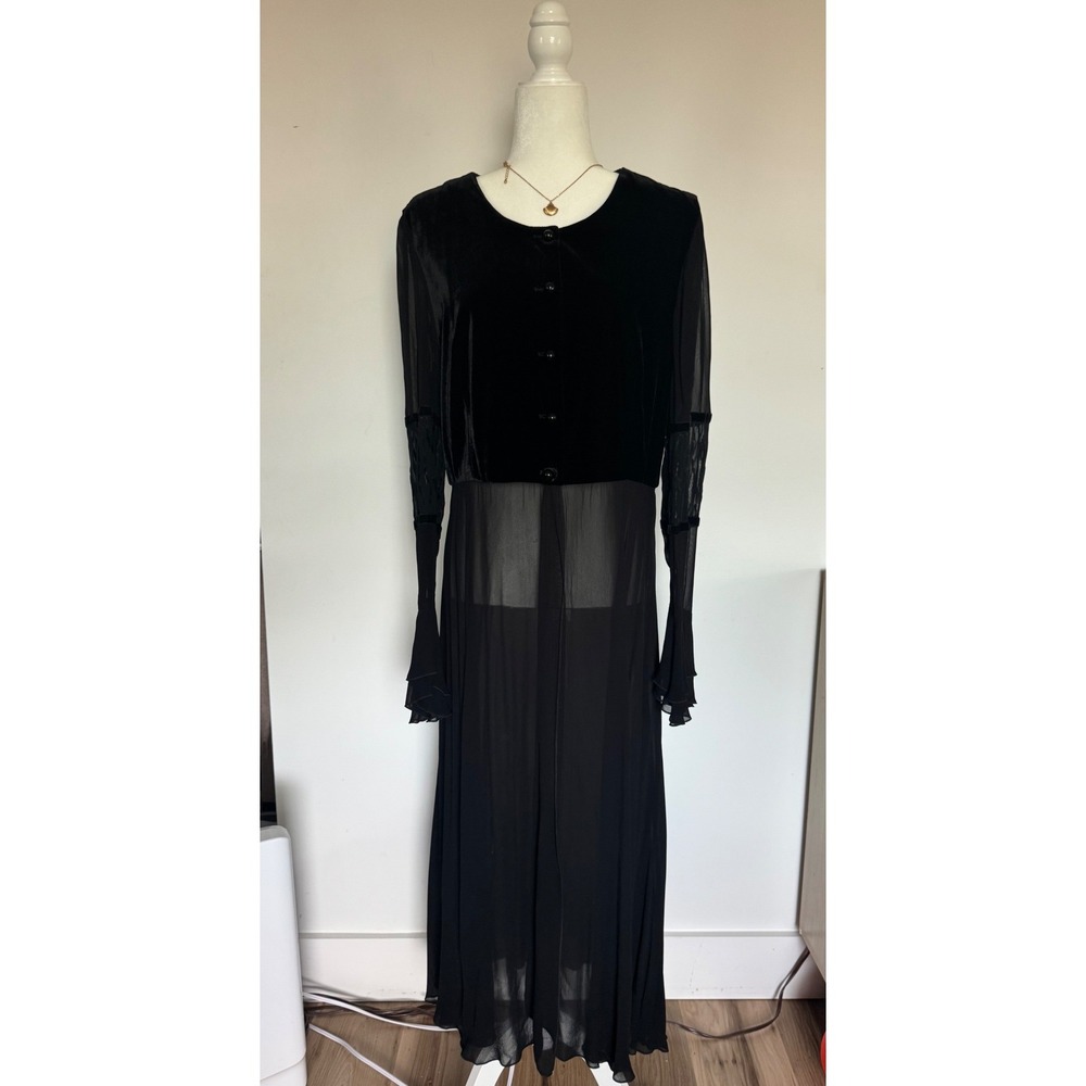 VTG Portara Black Velvet Sheer Maxi Cardigan Goth Romantic Grunge Whimsy Dark